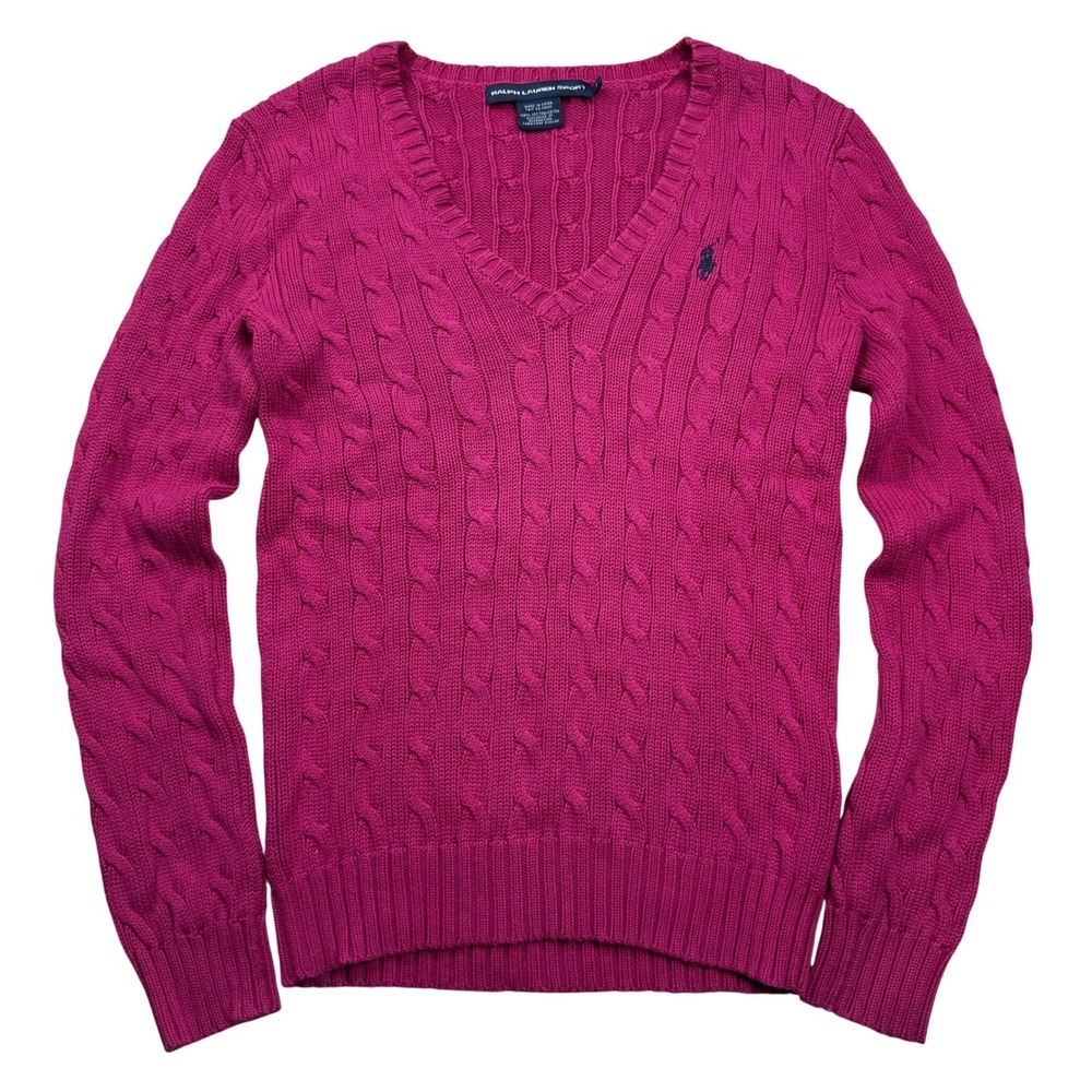Ralph Lauren Sport Magenta Pink Cable Knit V-Neck Cotton Sweater M Old Money
